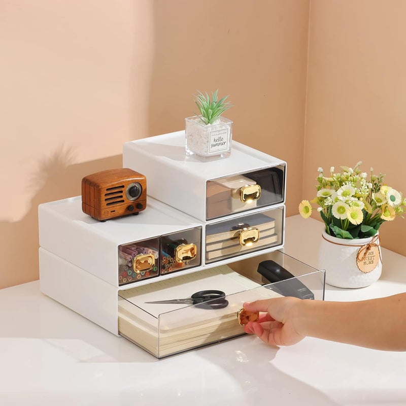 OSteed Spacious Desktop Storage Box, 1 Large 1 Middle & 2 Small Storage Drawers, Stackable Office Desk Drawer Organizer and Accessories, Printer Paper Organizer, White Plastic Drawers for Workspace - Image 2
